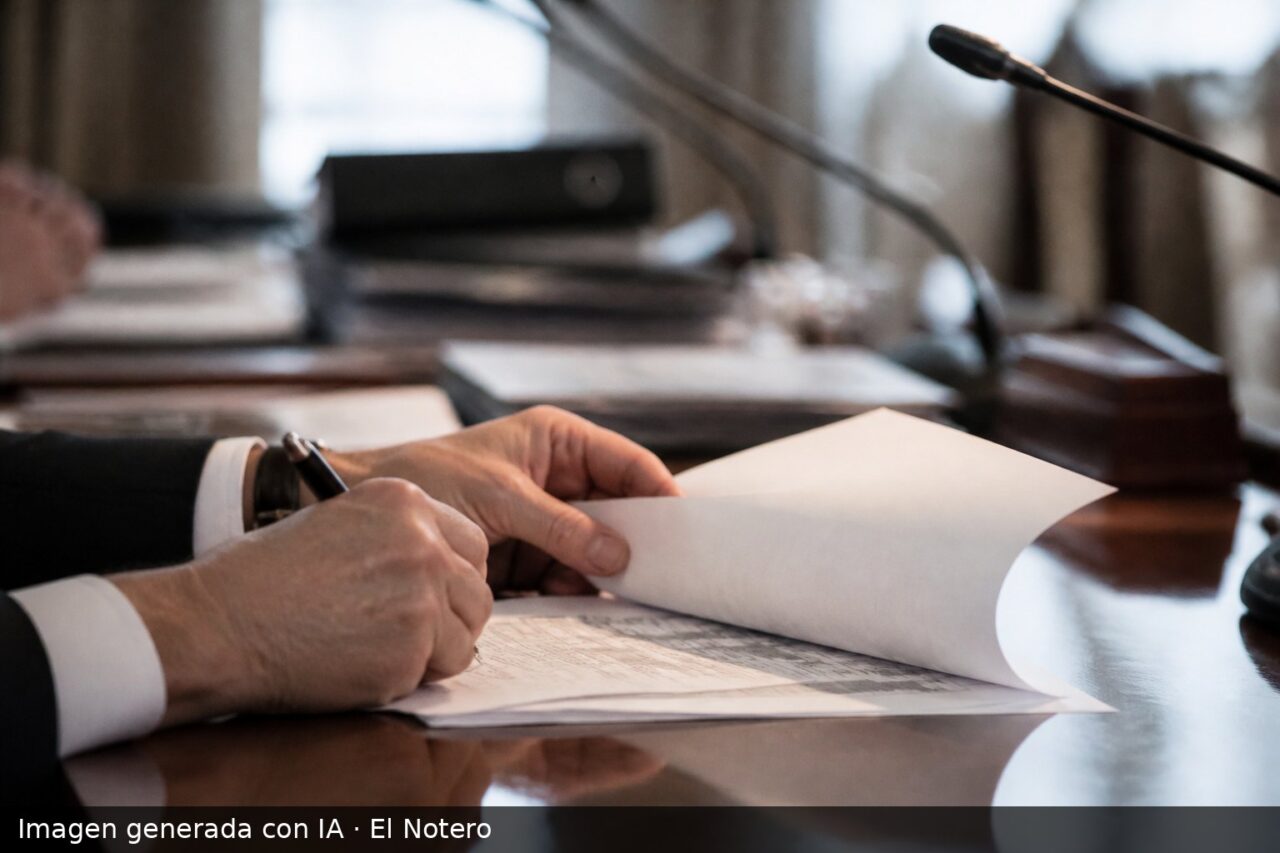 Primer plano de manos anónimas revisando y anotando documentos en una mesa de comisión, con carpetas y micrófonos desenfocados al fondo.
