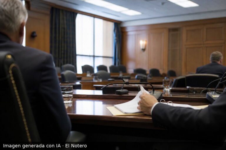 Sala de comisión parlamentaria con una mesa larga, carpetas y micrófonos, y algunas figuras anónimas de espaldas en los bordes del encuadre.