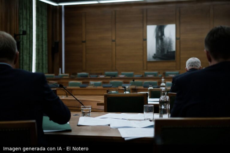 Sala de comisión parlamentaria casi vacía, con papeles y micrófonos sobre una mesa larga y algunas figuras de espaldas en los bordes del cuadro.