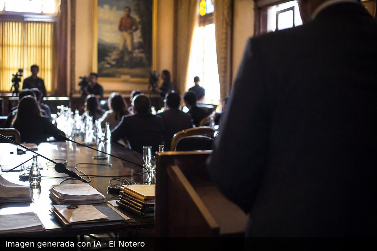 Sala de reuniones formal en Caracas con personas sentadas alrededor de una mesa, papeles y micrófonos al frente, y una figura de espaldas junto a un atril iluminado por la ventana.