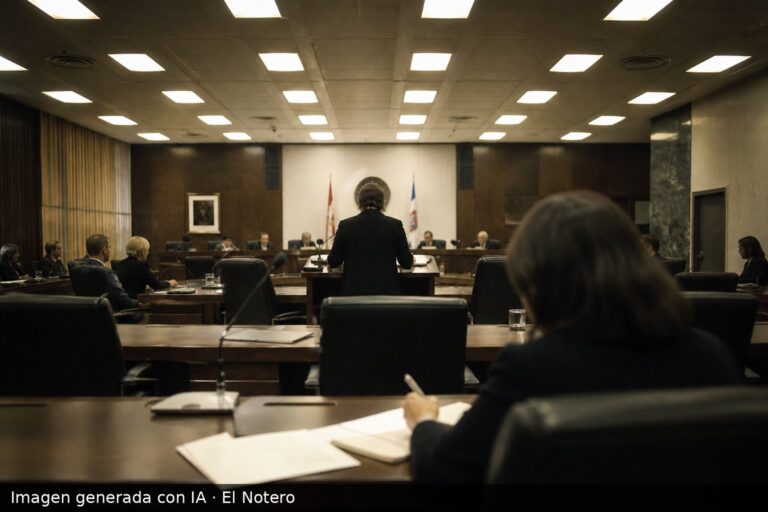 Vista desde el fondo de una sala de sesiones municipal con funcionarios sentados en bancas, un orador de espaldas y papeles sobre las mesas, en un ambiente institucional de debate.