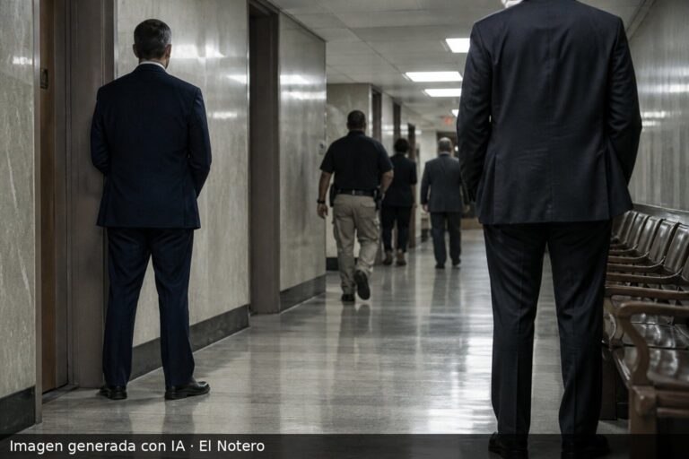 Pasillo de un tribunal federal en Miami, con figuras anónimas de espaldas y luz fría de fluorescentes.