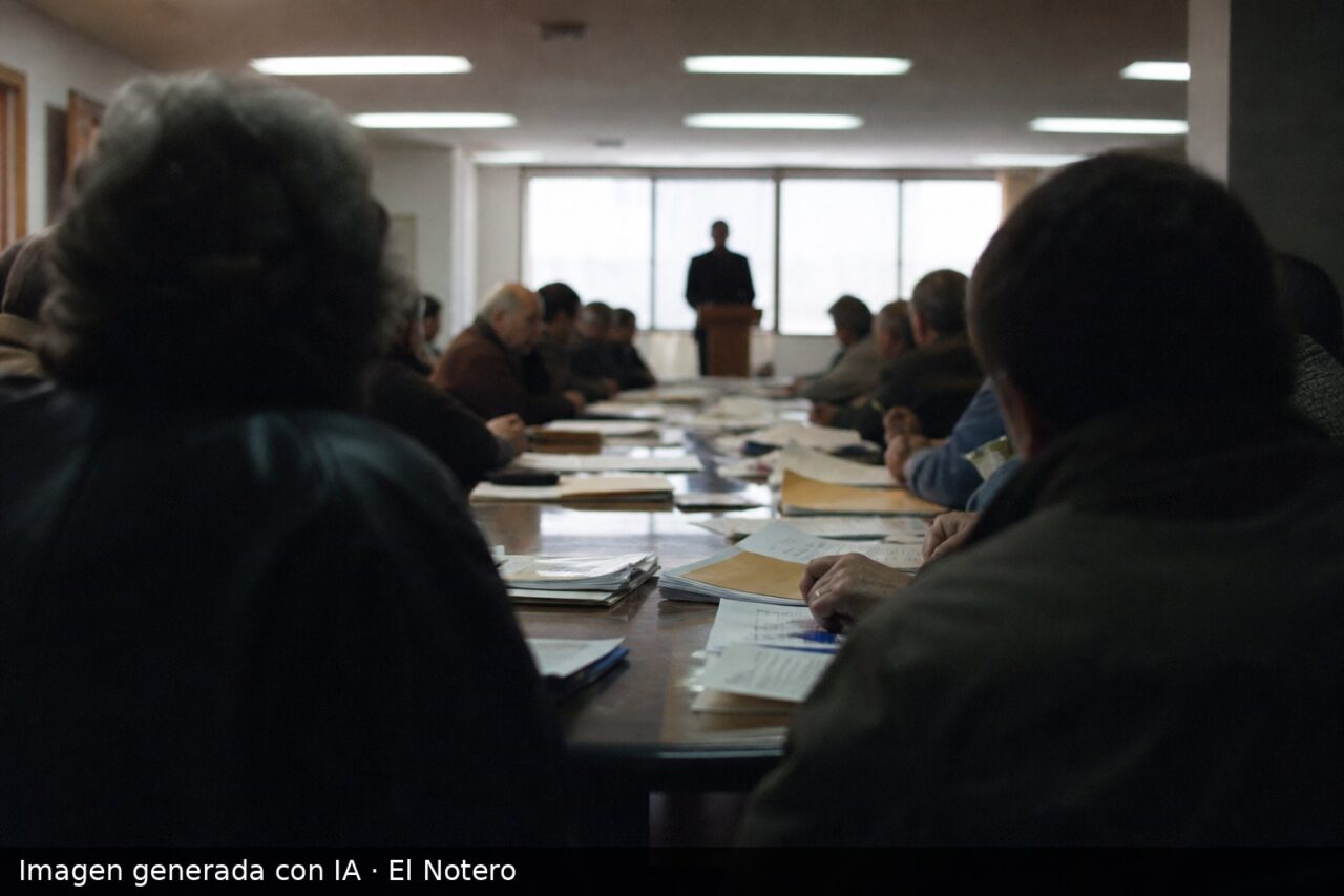 Una reunión política vista desde atrás, con figuras anónimas alrededor de una mesa, un orador en silueta junto a una ventana y papeles sobre la mesa.