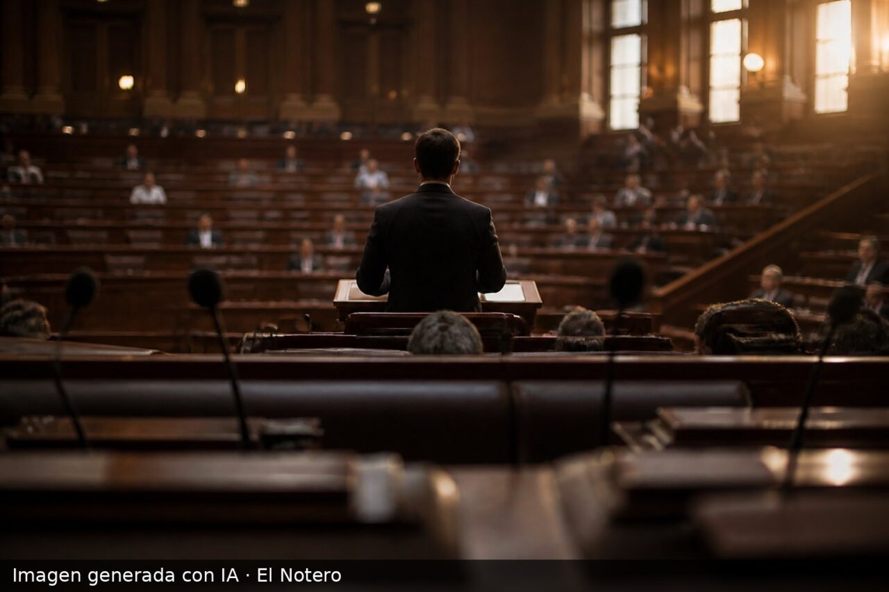 Plenario legislativo visto desde el fondo, con una figura de espaldas hablando en un atril y el resto de los asistentes desenfocados.