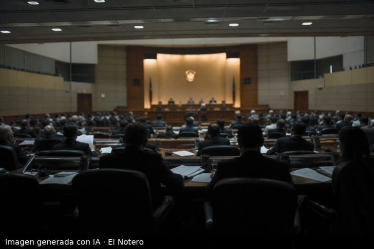 Plenario legislativo visto desde atrás, con bancas ocupadas, siluetas anónimas y el estrado al fondo, en una escena de votación parlamentaria.