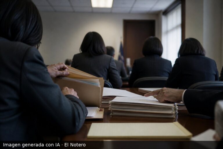 Reunión de trabajo en una oficina, con personas de espaldas y manos revisando carpetas y documentos sobre una mesa.
