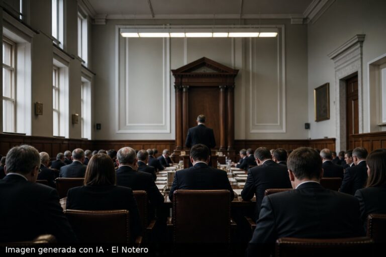 Sala parlamentaria vista desde atrás, con delegados sentados alrededor de una mesa larga, papeles y carpetas sobre la mesa y una figura al atril sin mostrar el rostro.