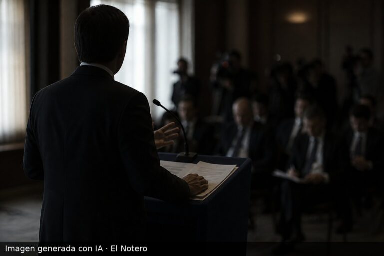 Una sala de prensa con una figura de espaldas en un atril, papeles sobre la mesa y gente desenfocada al fondo.