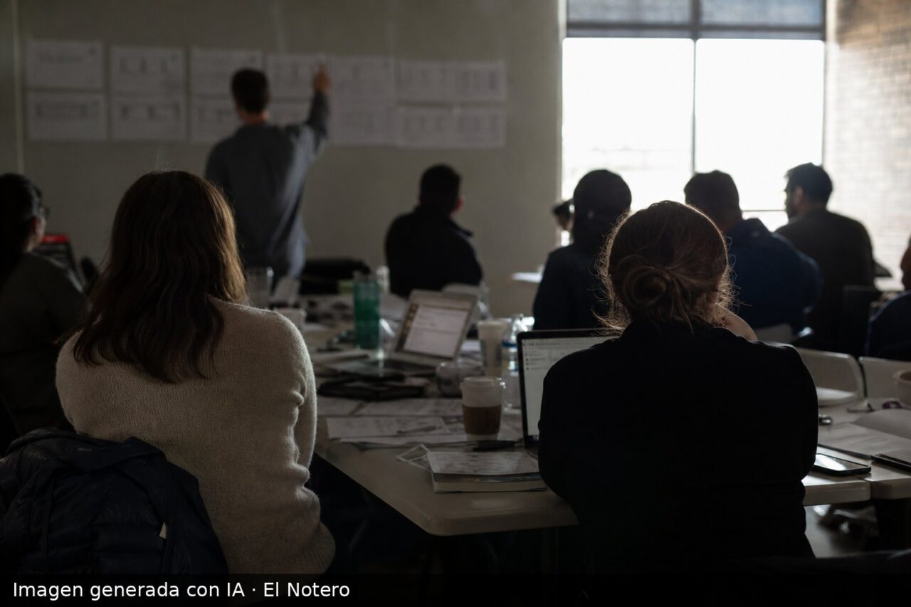 Interior de una sede de campaña con personas de espaldas alrededor de una mesa, papeles y computadoras, en una escena de trabajo político.