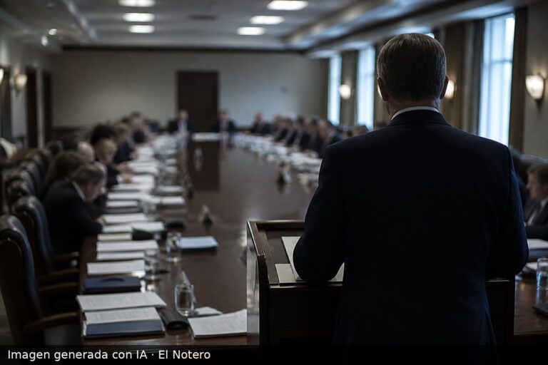 Sala de reuniones gubernamental con funcionarios anónimos alrededor de una mesa larga, una figura de espaldas en un atril y papeles de trabajo sobre la mesa, con luz fría de oficina y ventana.
