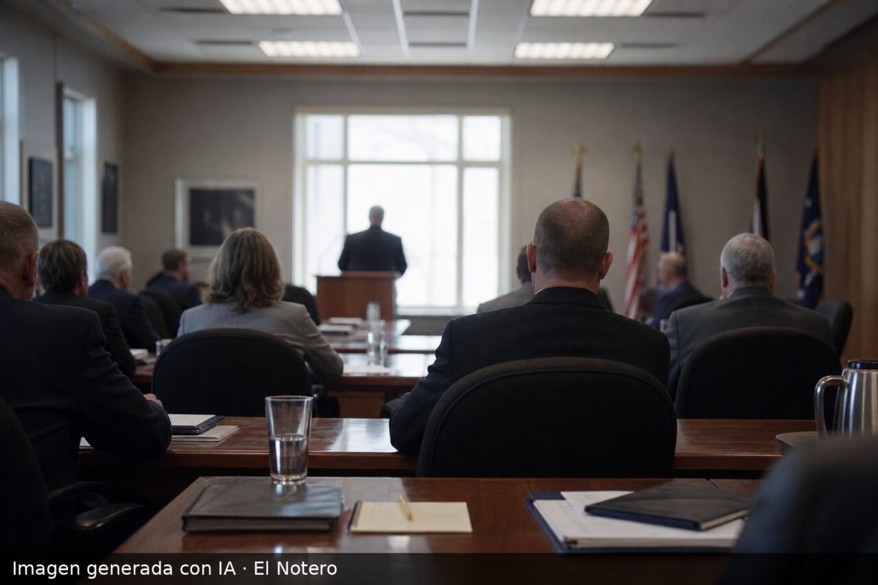 Reunión formal en una sala institucional, con funcionarios de espaldas alrededor de una mesa y un atril junto a una ventana iluminada.