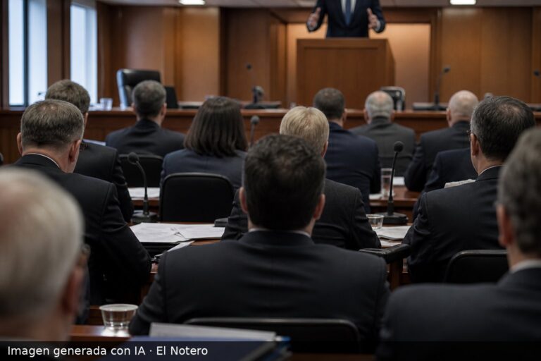 Sala de comisión legislativa con legisladores de espaldas, un orador en el atril y papeles sobre la mesa, en una escena de comparecencia parlamentaria.