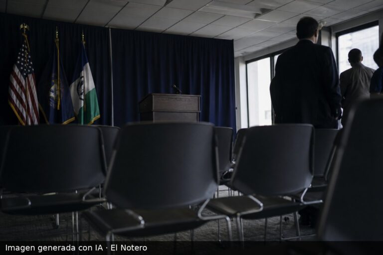 Sala de reunión institucional con sillas vacías, un atril al frente y funcionarios anónimos de espaldas bajo luz fría.