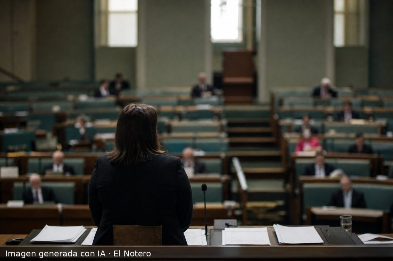 Plano general del recinto parlamentario con una figura de espaldas en el atril y funcionarios desenfocados sentados detrás, en una escena de debate político.