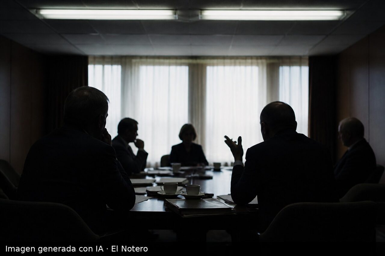 Un grupo de dirigentes reunido alrededor de una mesa en una sala de reuniones, visto desde atrás y sin rostros visibles, con carpetas y papeles sobre la mesa.