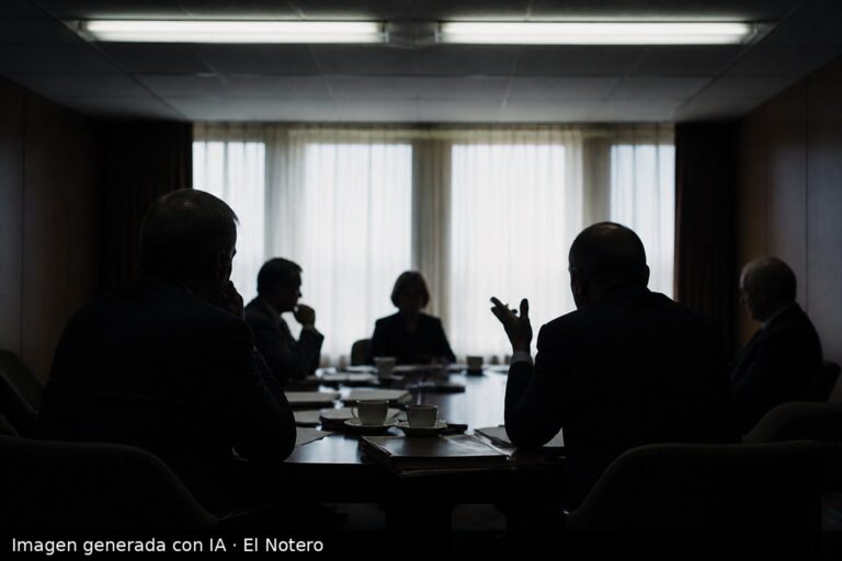 Un grupo de dirigentes reunido alrededor de una mesa en una sala de reuniones, visto desde atrás y sin rostros visibles, con carpetas y papeles sobre la mesa.
