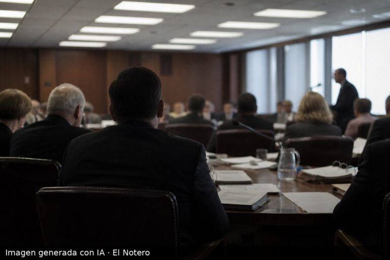 Sala de comisión parlamentaria vista desde atrás, con funcionarios sentados ante una mesa, papeles y micrófonos, sin rostros visibles.
