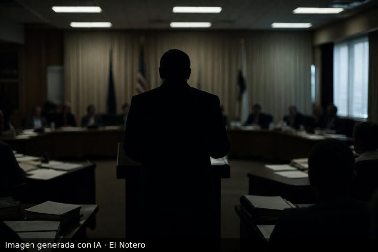 Sala de concejo municipal vista desde atrás, con funcionarios anónimos sentados y una figura de pie en un atril, papeles sobre las mesas y luz fría de oficina.