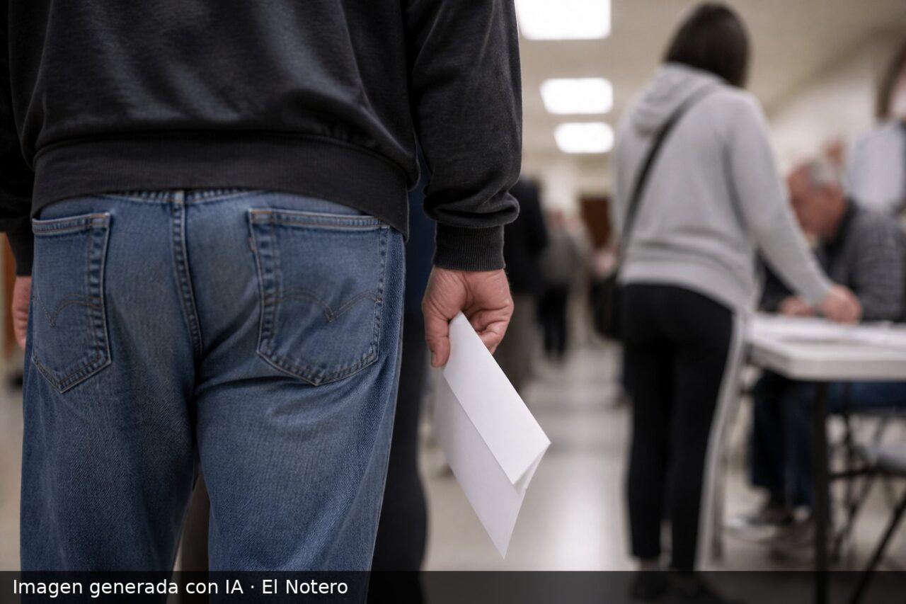 Personas anónimas en un pasillo de votación, una de espaldas con un sobre de boleta en la mano y otra difuminada junto a una mesa de control.