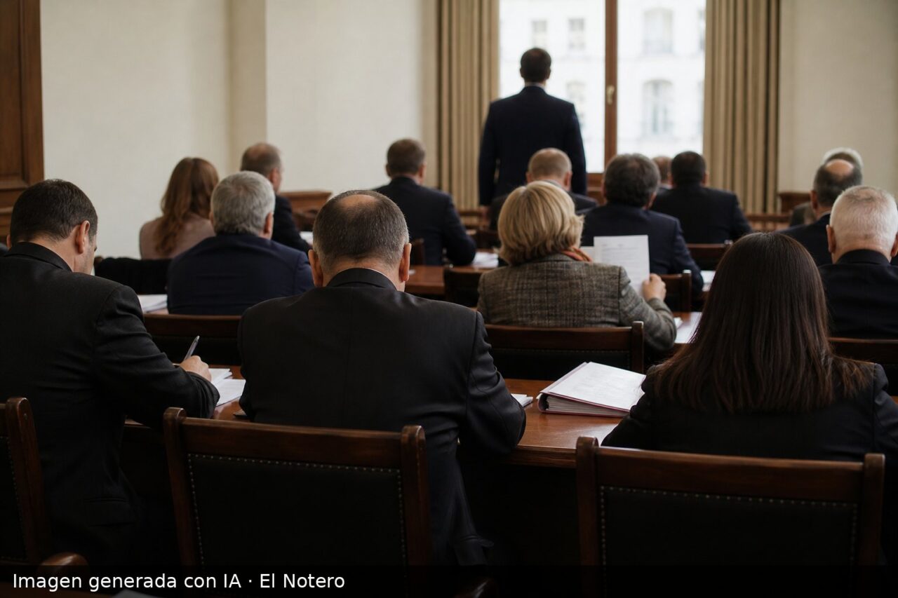 Una reunión política vista desde atrás, con varias personas alrededor de una mesa tomando notas y carpetas sobre el escritorio.