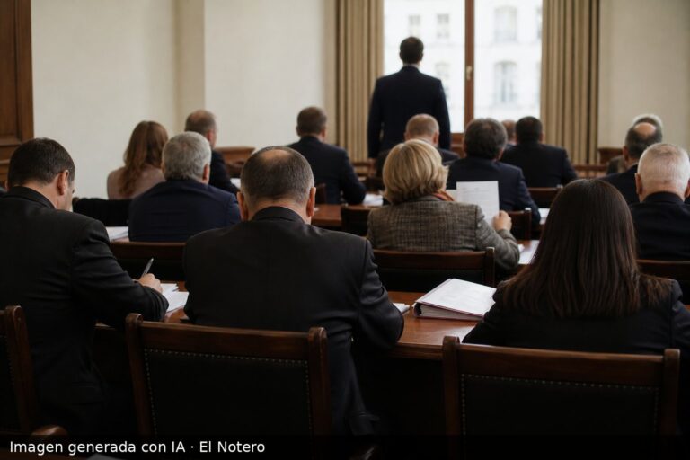 Una reunión política vista desde atrás, con varias personas alrededor de una mesa tomando notas y carpetas sobre el escritorio.