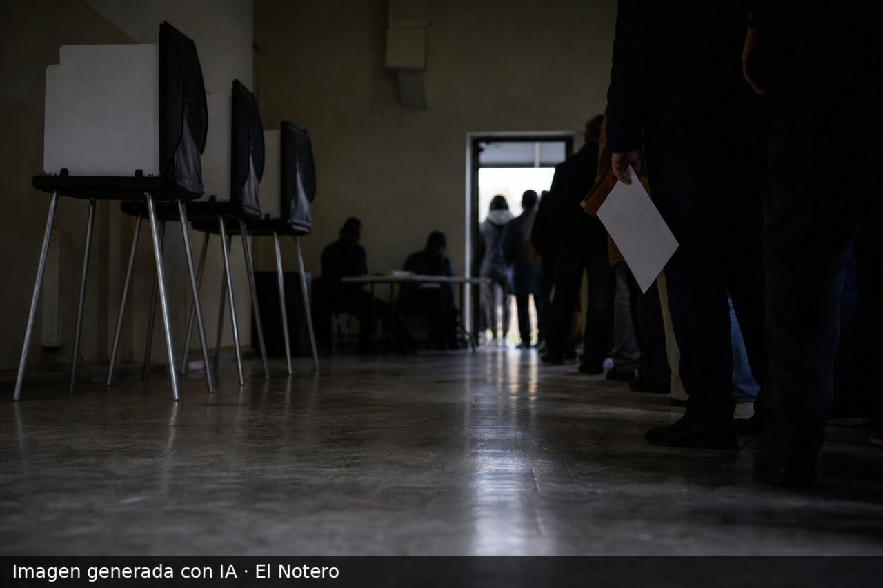 Interior de una mesa de votación casi vacía, con biombos, funcionarios y votantes anónimos en espera, en un clima de cierre electoral.