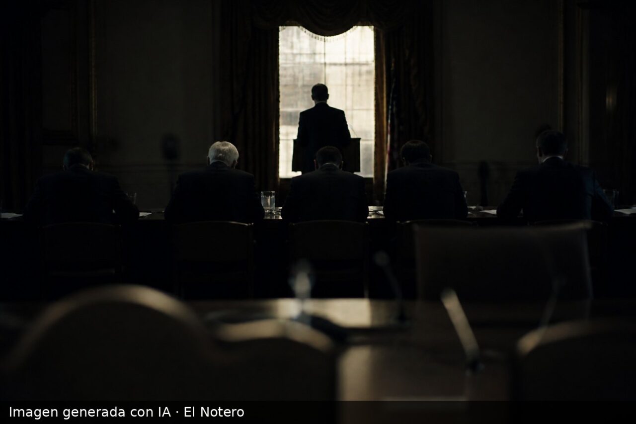 Sala institucional tenue vista desde el fondo, con funcionarios anónimos sentados y una figura en silueta junto a un atril iluminado por una ventana.