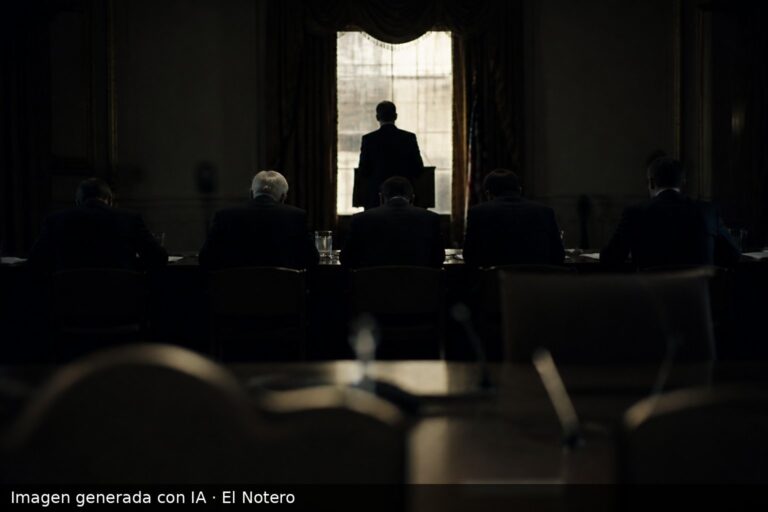 Sala institucional tenue vista desde el fondo, con funcionarios anónimos sentados y una figura en silueta junto a un atril iluminado por una ventana.