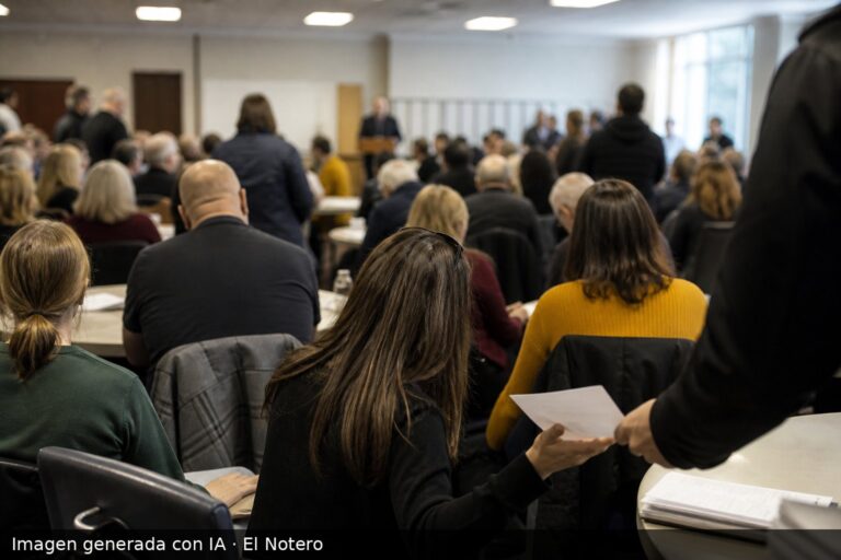 Sala de reunión con varias personas de espaldas y papeles circulando, bajo luz interior, con una figura al atril al fondo.