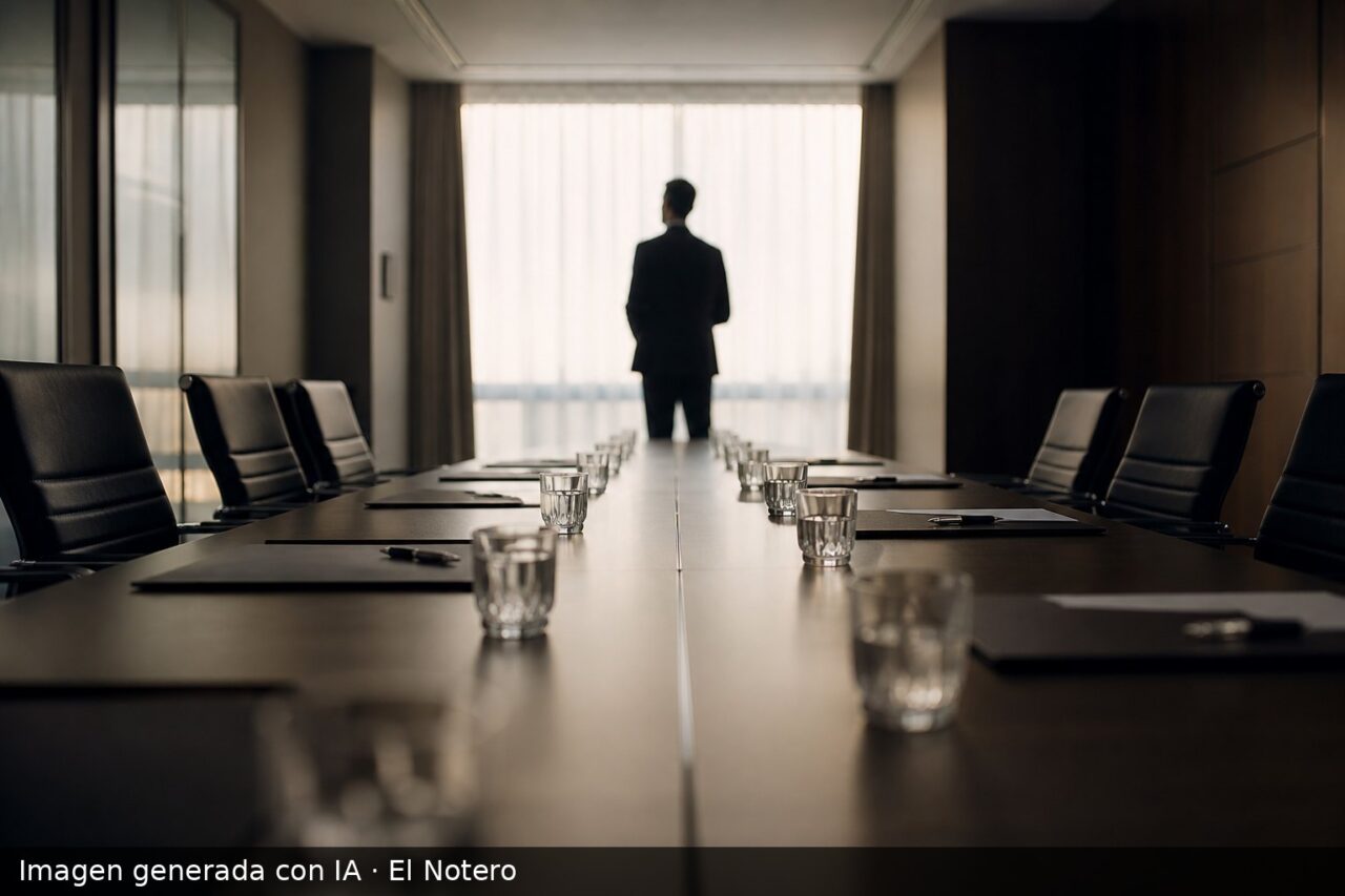 Una sala de reuniones vacía con una mesa preparada, carpetas sin abrir y una sola figura de espaldas junto a una ventana luminosa.