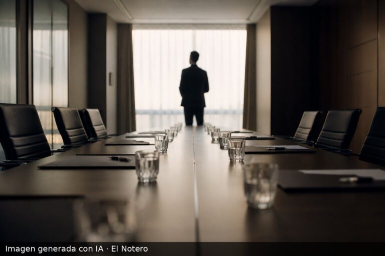 Una sala de reuniones vacía con una mesa preparada, carpetas sin abrir y una sola figura de espaldas junto a una ventana luminosa.