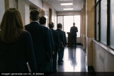 Pasillo institucional de Cancillería con funcionarios de espaldas, algunos esperando con carpetas y una figura en un atril al fondo, en un clima de tensión administrativa.