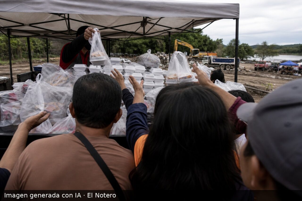 Escena de asistencia con cajas de alimentos y personas de espaldas bajo un techo provisorio, en un contexto de crecida e inundación.