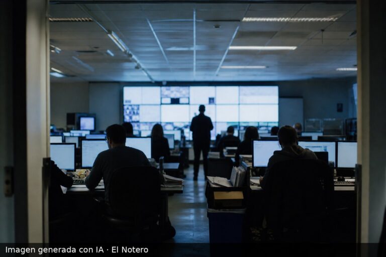 Sala de carga electoral con varias personas de espaldas frente a monitores y formularios, iluminada por luz fluorescente y pantallas.