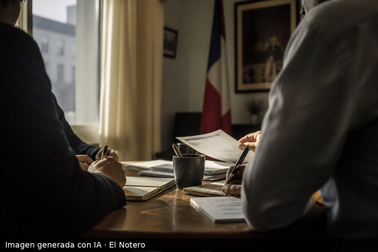 Reunión en una oficina política, con varias personas de espaldas y manos sobre documentos alrededor de una mesa.
