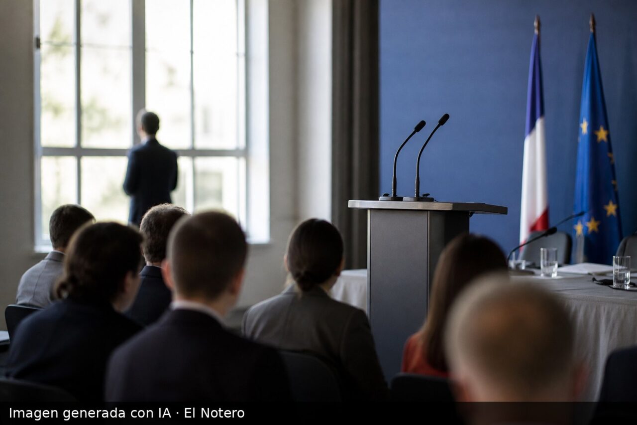 Sala de prensa en una sede partidaria con un atril vacío al frente, delegados anónimos sentados de espaldas y una figura desenfocada junto a una ventana.