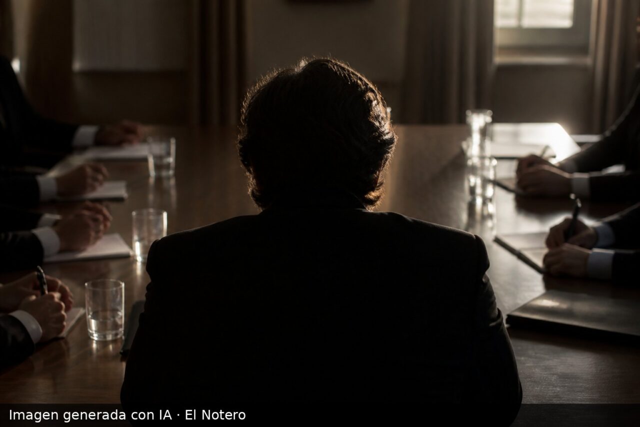 Una reunión política a puertas cerradas, vista desde el fondo, con varias personas sentadas alrededor de una mesa y rostros fuera de cuadro.