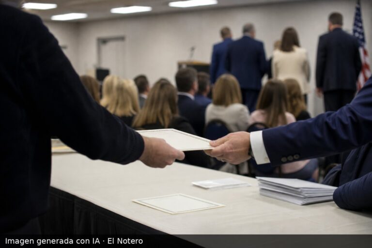 Sala de actos con funcionarios anónimos recibiendo certificados, vistos de espaldas y de costado, con filas de gente al fondo.