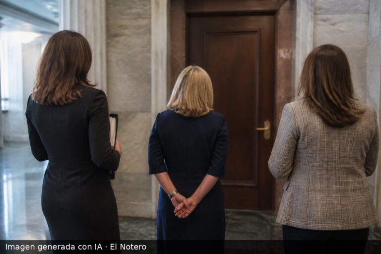 Tres mujeres de espaldas esperan en un pasillo del Senado frente a una puerta cerrada, una con una carpeta en la mano, en un ambiente institucional sobrio.