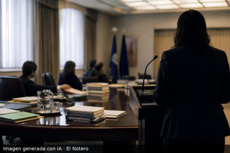 Sala de reuniones diplomáticas con varias personas anónimas alrededor de una mesa y documentos sobre la superficie, vista periodística y sin rostros visibles.