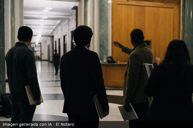 Un grupo de migrantes de espaldas en un hall legislativo, con carpetas en la mano, en un clima institucional de pasillo y espera.