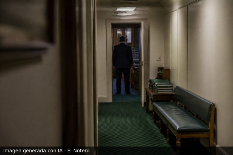 Pasillo institucional con una figura de espaldas junto a una puerta, una banca vacía y carpetas sobre una mesa lateral.