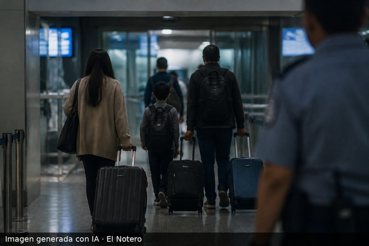 Un pasillo de migraciones de aeropuerto con una familia de espaldas llevando valijas hacia un control, bajo luz fría de interior.