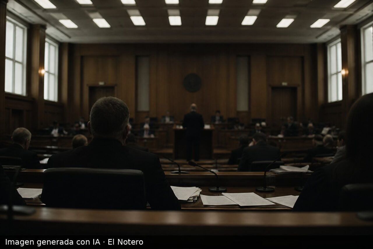 Sala legislativa vista desde el fondo, con una figura en el atril y otras personas desenfocadas sentadas en las bancas.