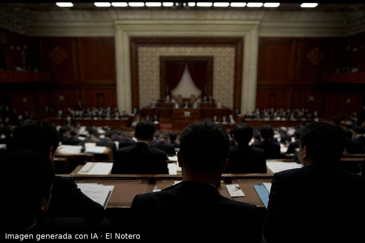 Vista amplia desde el fondo de un recinto legislativo, con legisladores de espaldas y bajo luces de techo, durante una sesión sobre la reforma de la ley de seguros.