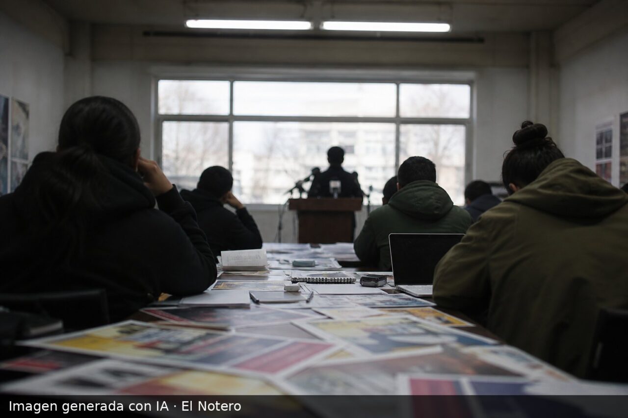 Interior de una sala de reuniones con militantes de espaldas alrededor de una mesa y una persona al fondo frente a un atril, en un clima político tenso.