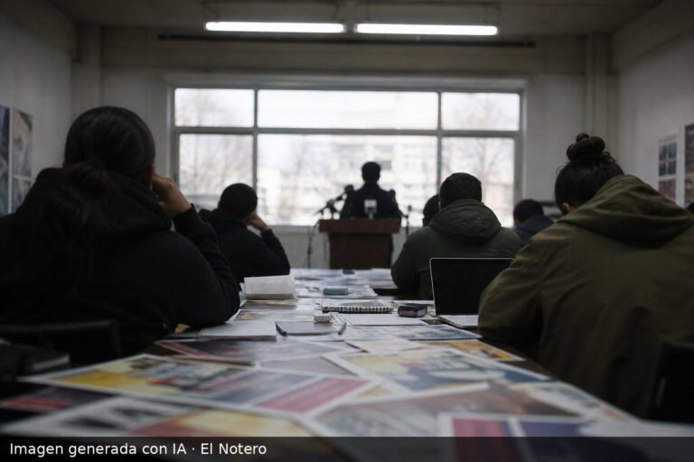Interior de una sala de reuniones con militantes de espaldas alrededor de una mesa y una persona al fondo frente a un atril, en un clima político tenso.