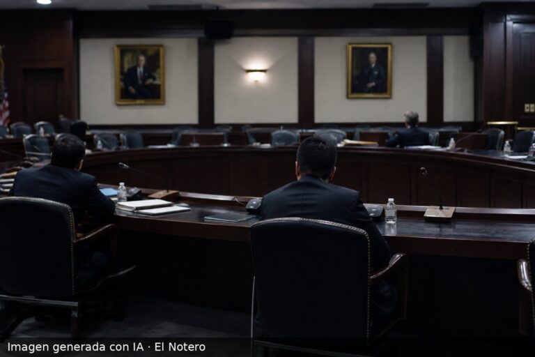 Sala de comisión legislativa casi vacía, con mesa larga, micrófonos y carpetas sin usar, y algunos funcionarios anónimos sentados a distancia bajo luz fría.