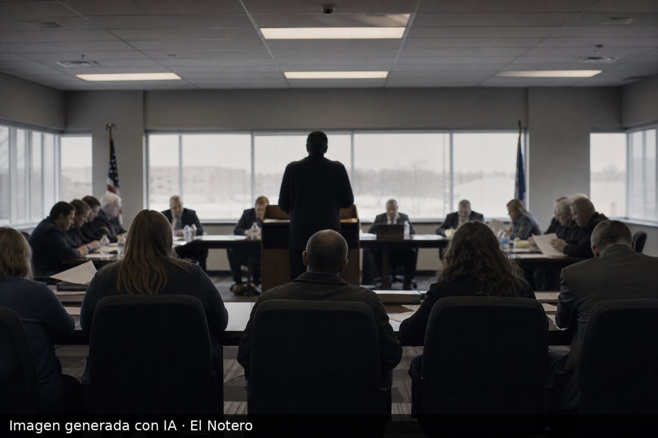 Sala de reunión municipal vista desde atrás, con varias personas sentadas alrededor de una mesa larga y una figura de pie en un atril, sin rostros visibles.