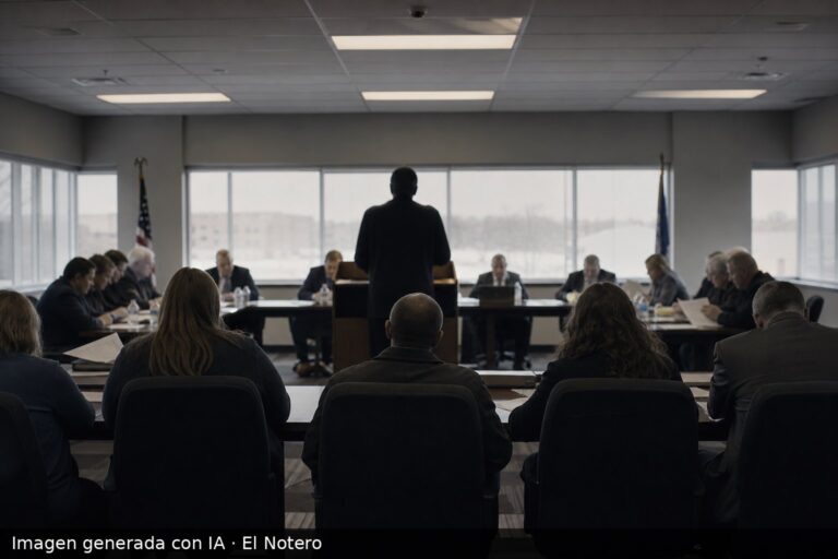Sala de reunión municipal vista desde atrás, con varias personas sentadas alrededor de una mesa larga y una figura de pie en un atril, sin rostros visibles.